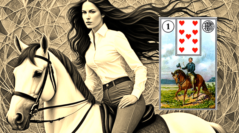 Lenormand Rider card meaning image of a modern female rider on a white horse, representing fast news, movement, arrival, feminine power, and new beginnings in Lenormand Card Meanings interpretation.