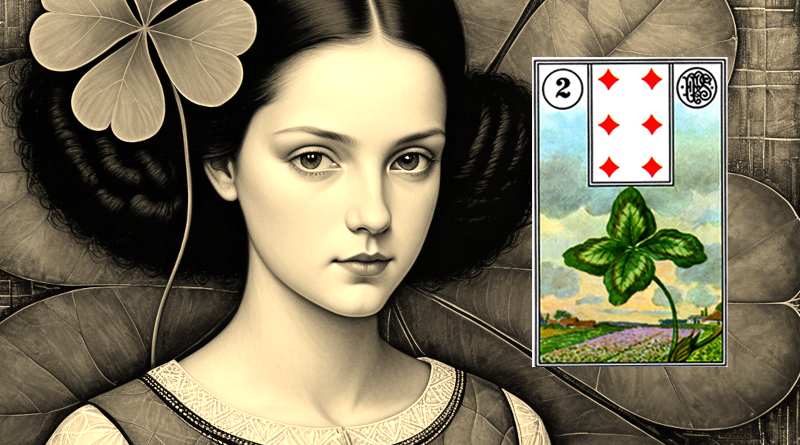 Lenormand Clover card meaning vintage style portrait of young girl with four leaf clover in hair on green clover background symbolizing luck and short term opportunity