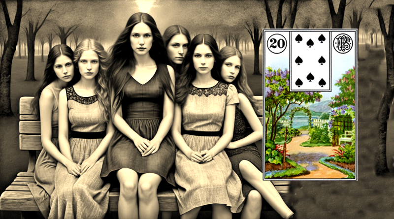 Lenormand Garden card meaning six friends sitting together on a wooden bench in a public park representing community social connection and shared presence