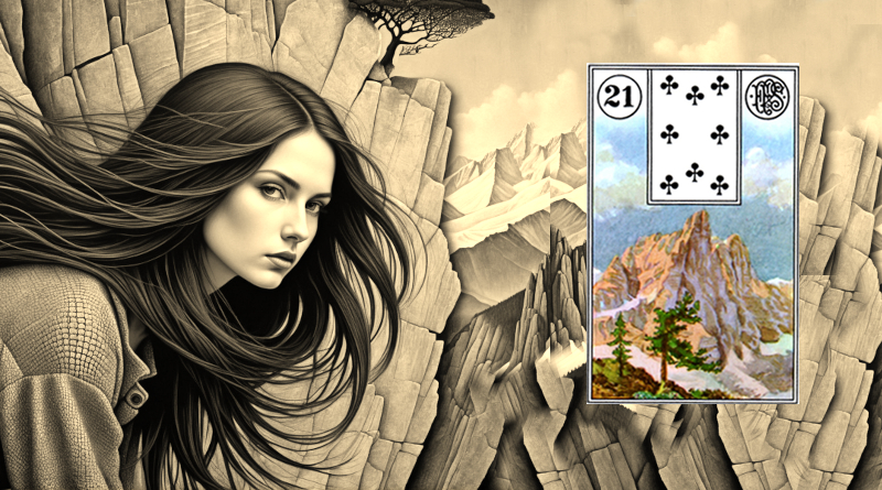 Lenormand Mountain Card Meaning sepia toned illustration of a woman pausing among ancient rocks and towering cliffs with distant snow covered peaks and a lone tree symbolizing endurance and inner strength