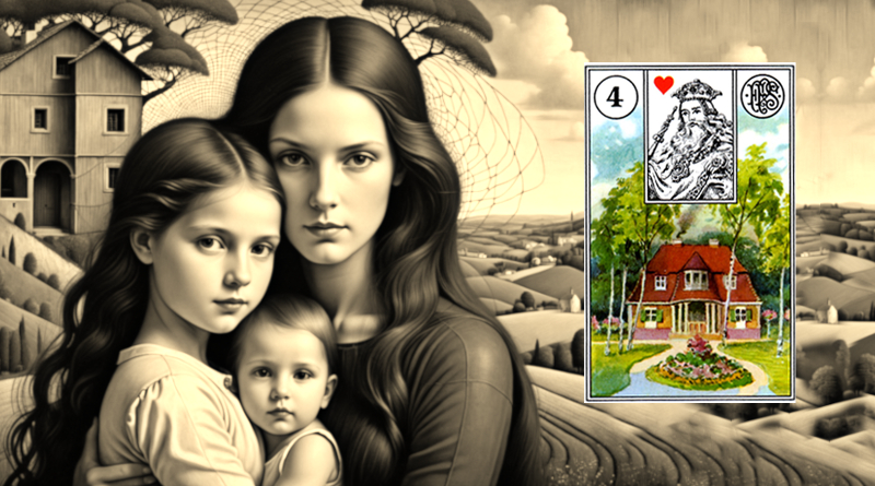 Lenormand House Card Meaning sepia illustration of a mother embracing her daughter who holds her little brother, symbolizing layered safety, family bonds, trust, and emotional security near their home under a calm sky.
